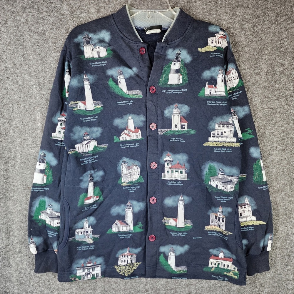 Art Unlimited Sportswear Cardigan Womens M Navy Lighthouse Print Fleece EUC